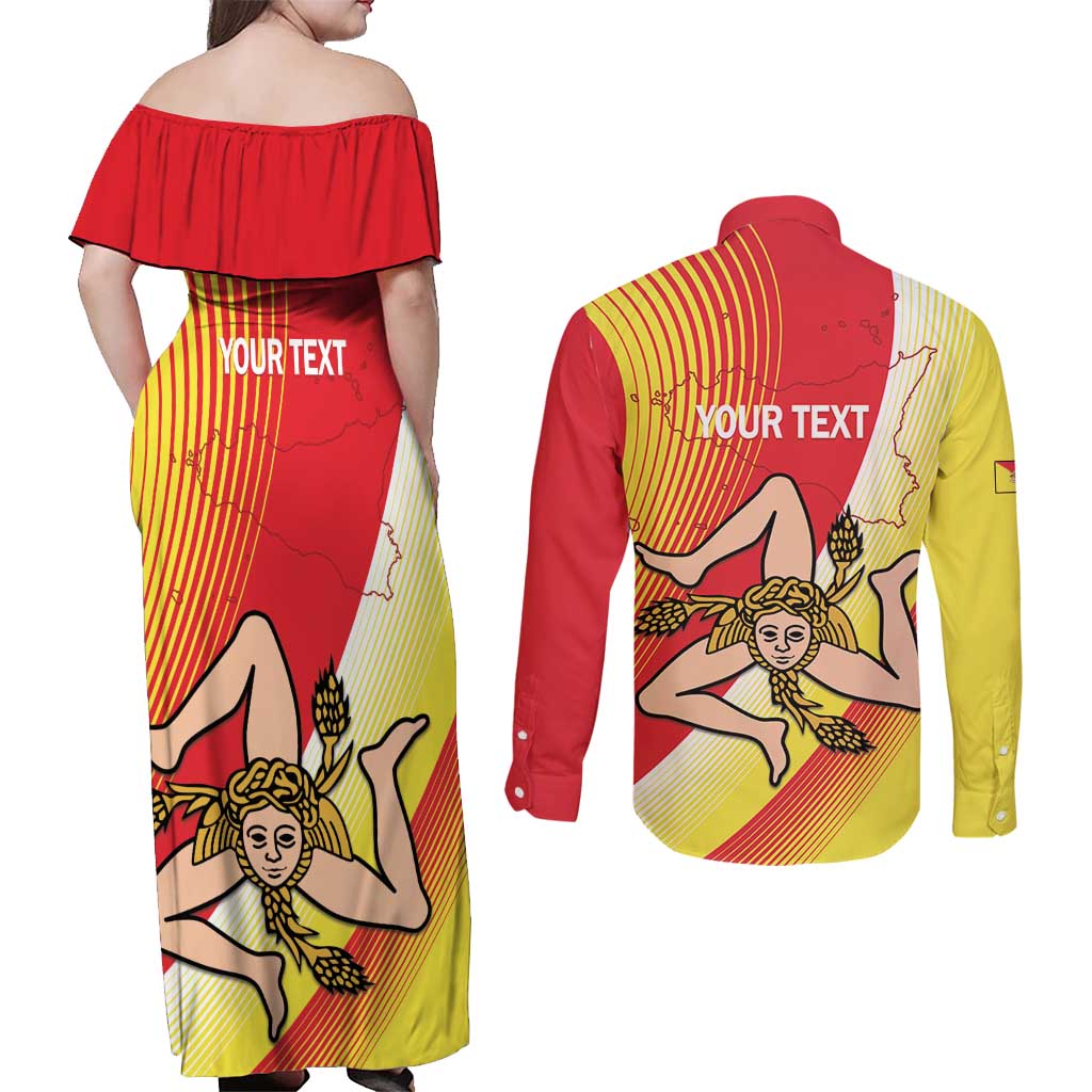 Personalized Sicilia La Trinacria Couples Matching Off Shoulder Maxi Dress and Long Sleeve Button Shirt Sicilian Map Flag Color