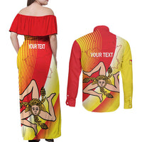 Personalized Sicilia La Trinacria Couples Matching Off Shoulder Maxi Dress and Long Sleeve Button Shirt Sicilian Map Flag Color