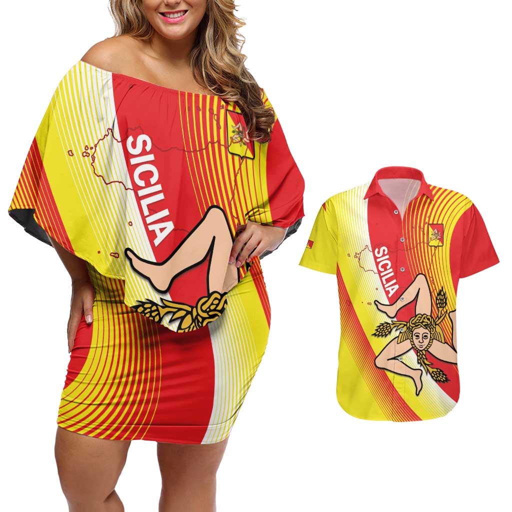 Personalized Sicilia La Trinacria Couples Matching Off Shoulder Short Dress and Hawaiian Shirt Sicilian Map Flag Color