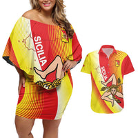 Personalized Sicilia La Trinacria Couples Matching Off Shoulder Short Dress and Hawaiian Shirt Sicilian Map Flag Color