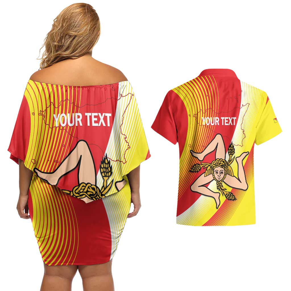 Personalized Sicilia La Trinacria Couples Matching Off Shoulder Short Dress and Hawaiian Shirt Sicilian Map Flag Color
