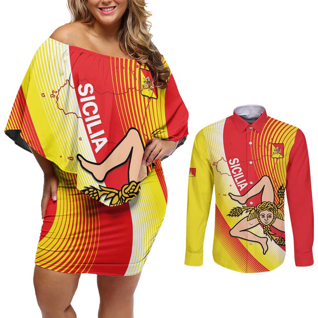 Personalized Sicilia La Trinacria Couples Matching Off Shoulder Short Dress and Long Sleeve Button Shirt Sicilian Map Flag Color