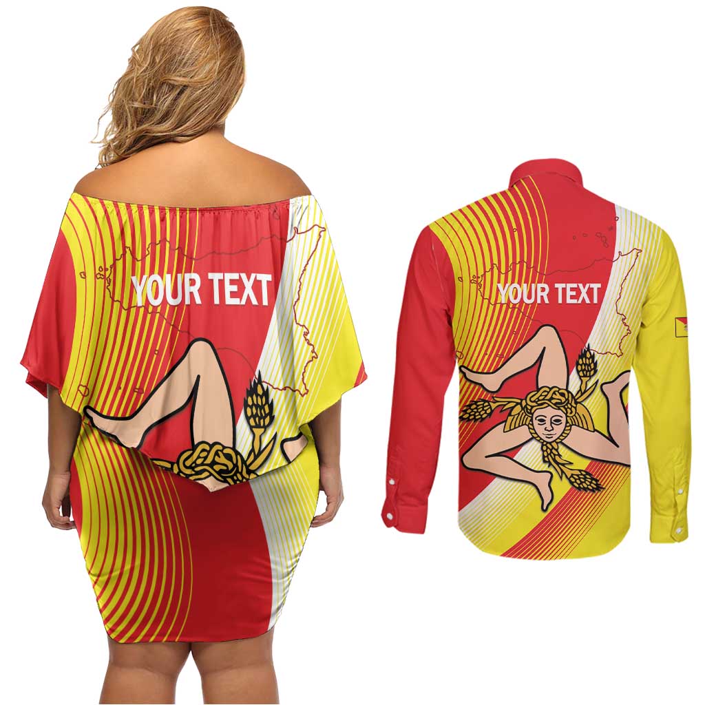 Personalized Sicilia La Trinacria Couples Matching Off Shoulder Short Dress and Long Sleeve Button Shirt Sicilian Map Flag Color