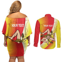 Personalized Sicilia La Trinacria Couples Matching Off Shoulder Short Dress and Long Sleeve Button Shirt Sicilian Map Flag Color