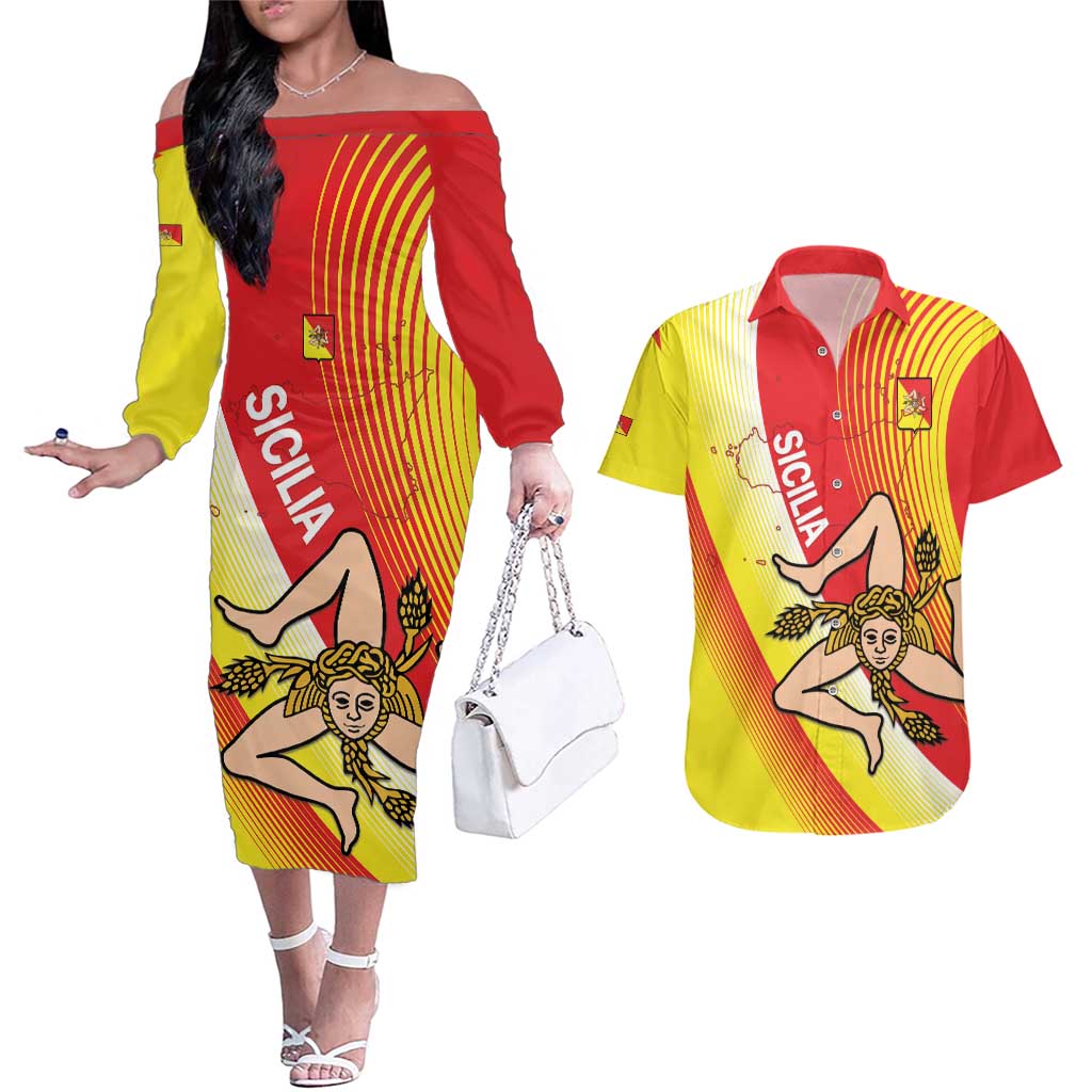 Personalized Sicilia La Trinacria Couples Matching Off The Shoulder Long Sleeve Dress and Hawaiian Shirt Sicilian Map Flag Color