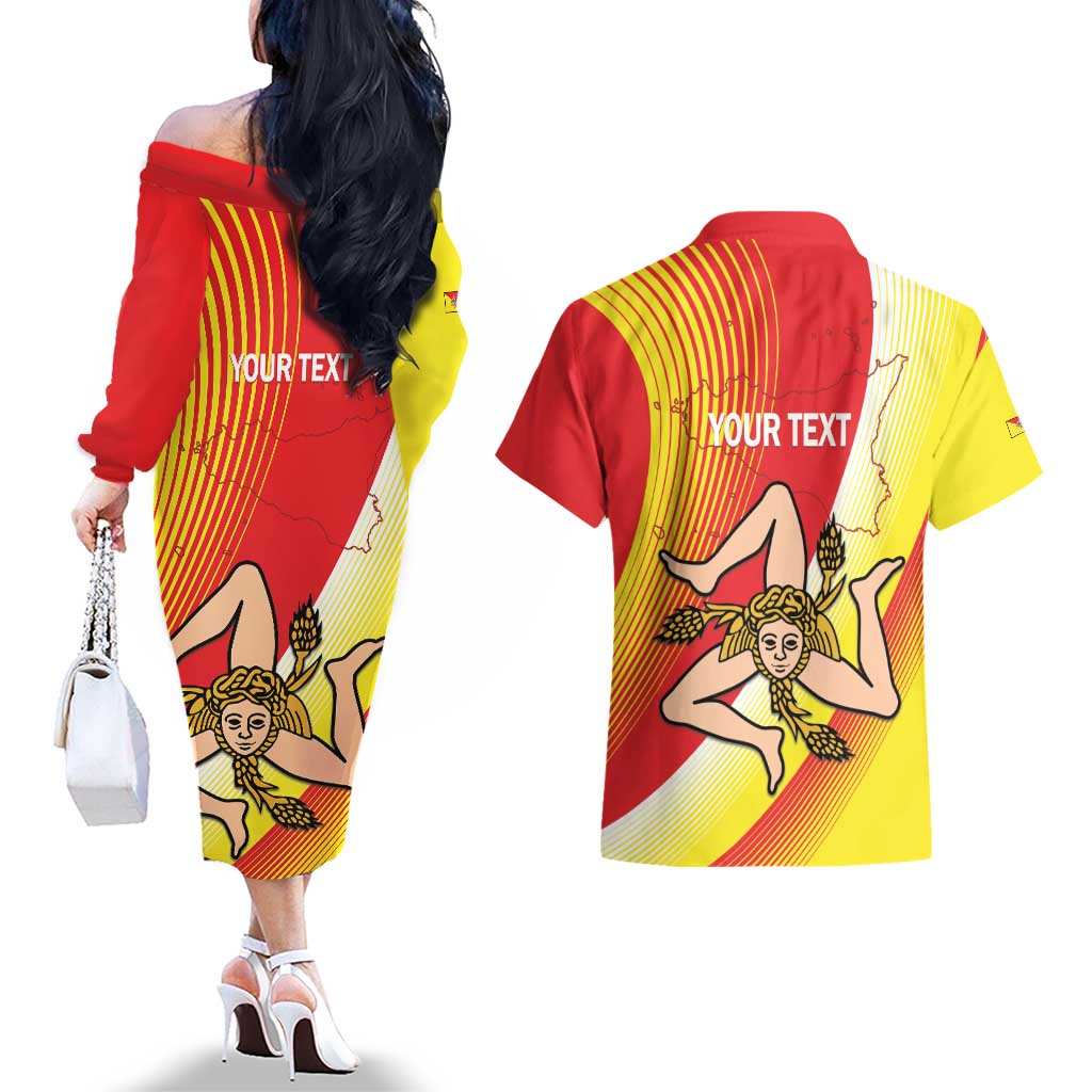 Personalized Sicilia La Trinacria Couples Matching Off The Shoulder Long Sleeve Dress and Hawaiian Shirt Sicilian Map Flag Color