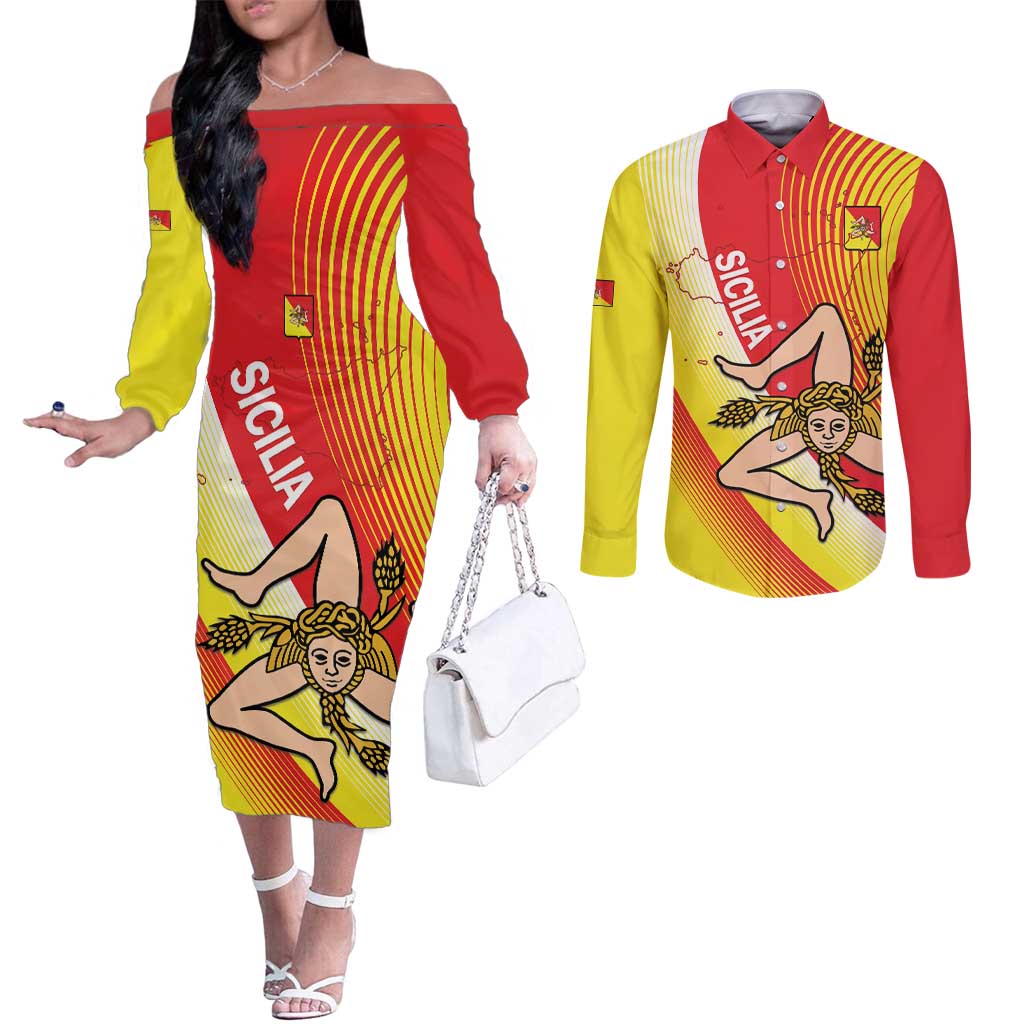 Personalized Sicilia La Trinacria Couples Matching Off The Shoulder Long Sleeve Dress and Long Sleeve Button Shirt Sicilian Map Flag Color