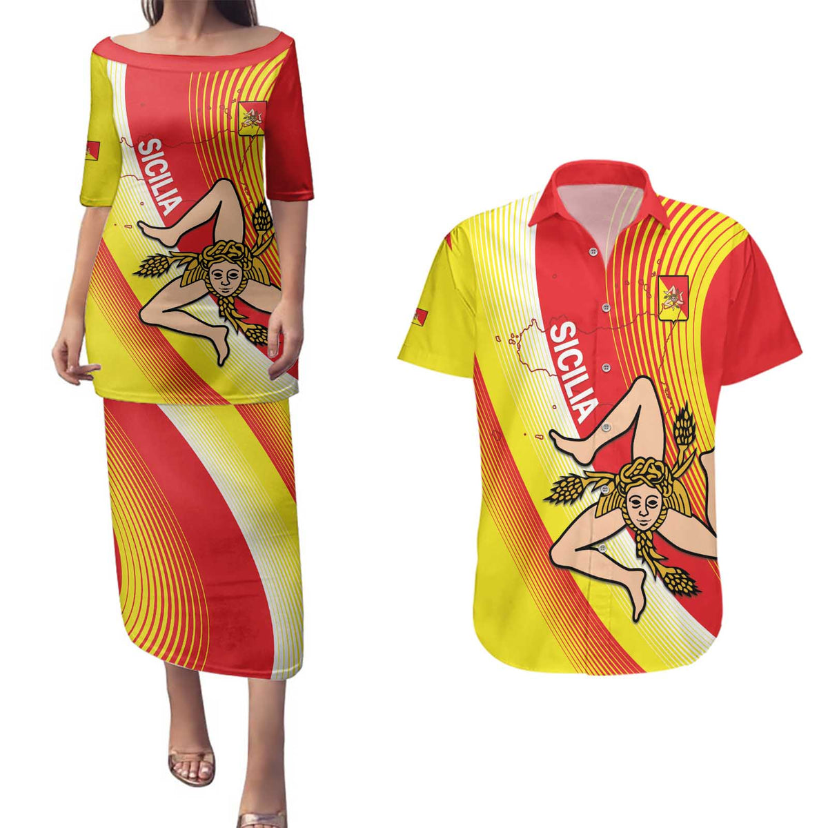 Personalized Sicilia La Trinacria Couples Matching Puletasi and Hawaiian Shirt Sicilian Map Flag Color