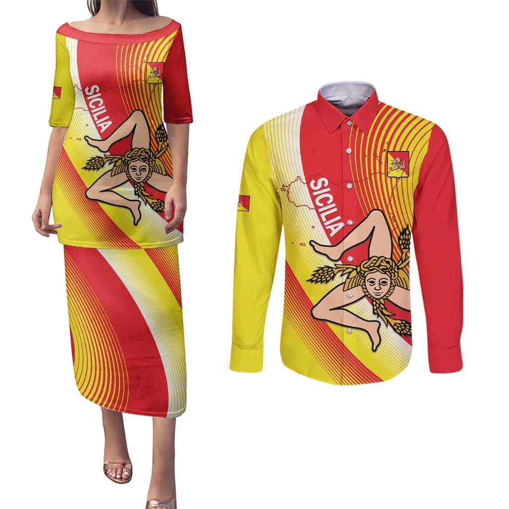 Personalized Sicilia La Trinacria Couples Matching Puletasi and Long Sleeve Button Shirt Sicilian Map Flag Color