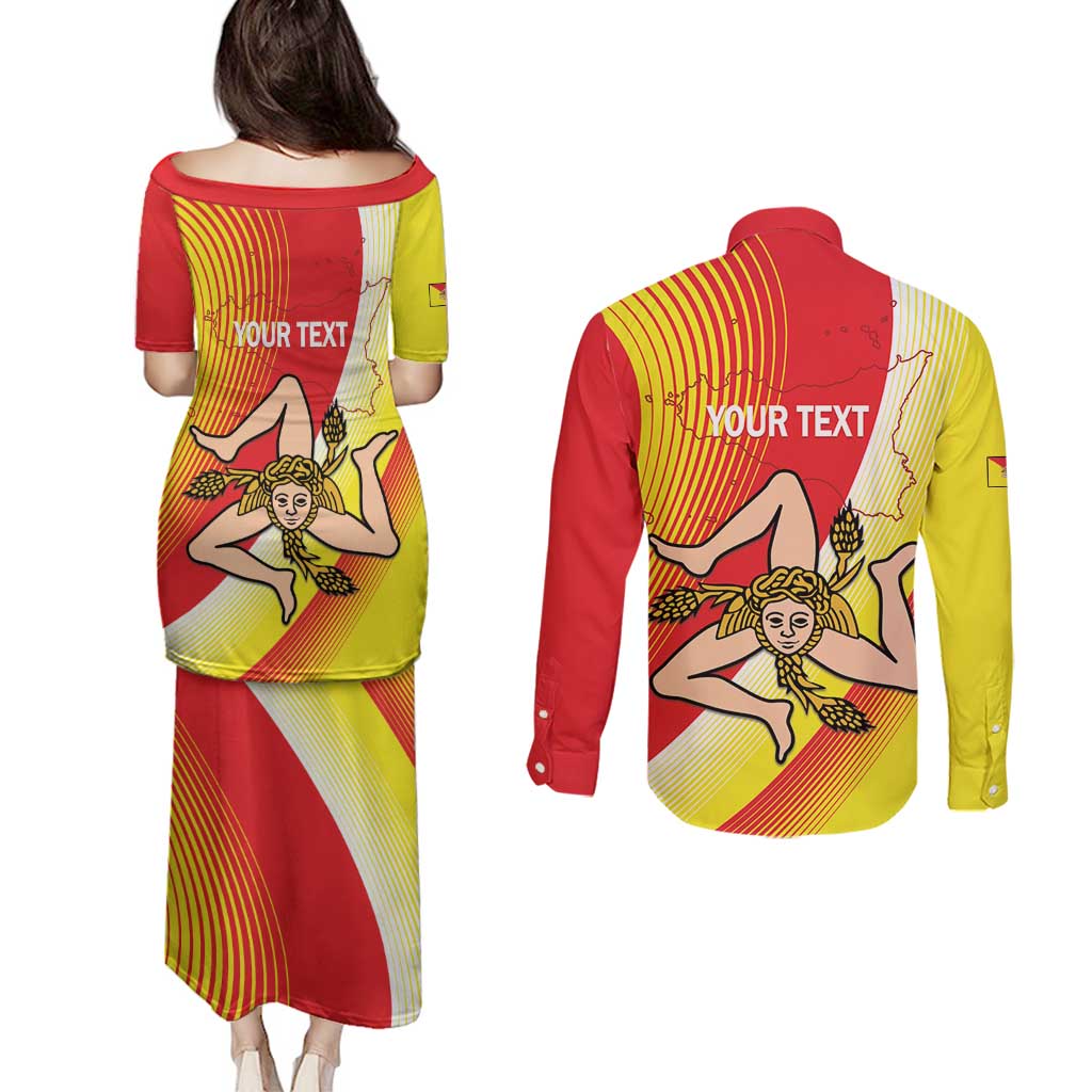 Personalized Sicilia La Trinacria Couples Matching Puletasi and Long Sleeve Button Shirt Sicilian Map Flag Color