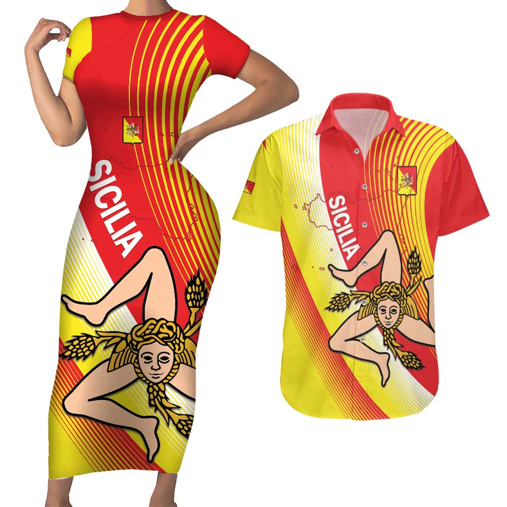 Personalized Sicilia La Trinacria Couples Matching Short Sleeve Bodycon Dress and Hawaiian Shirt Sicilian Map Flag Color