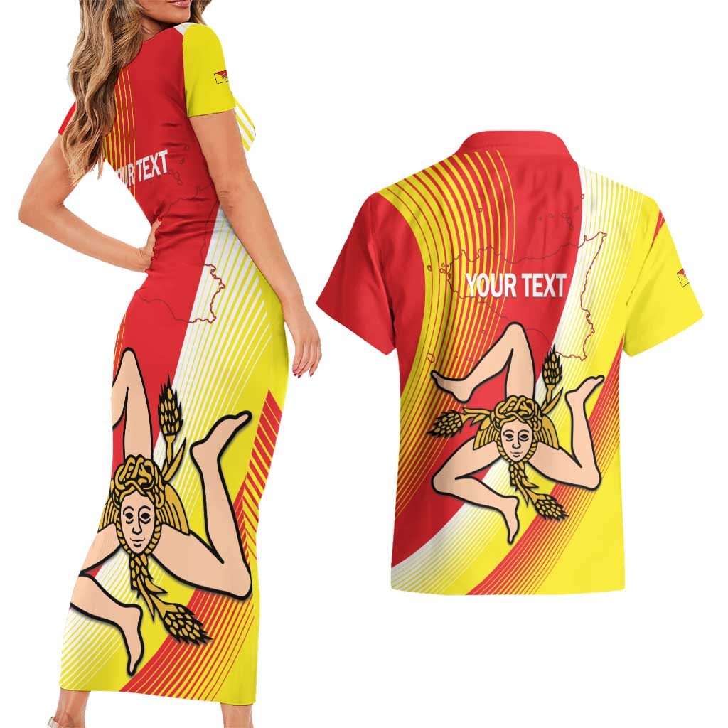 Personalized Sicilia La Trinacria Couples Matching Short Sleeve Bodycon Dress and Hawaiian Shirt Sicilian Map Flag Color