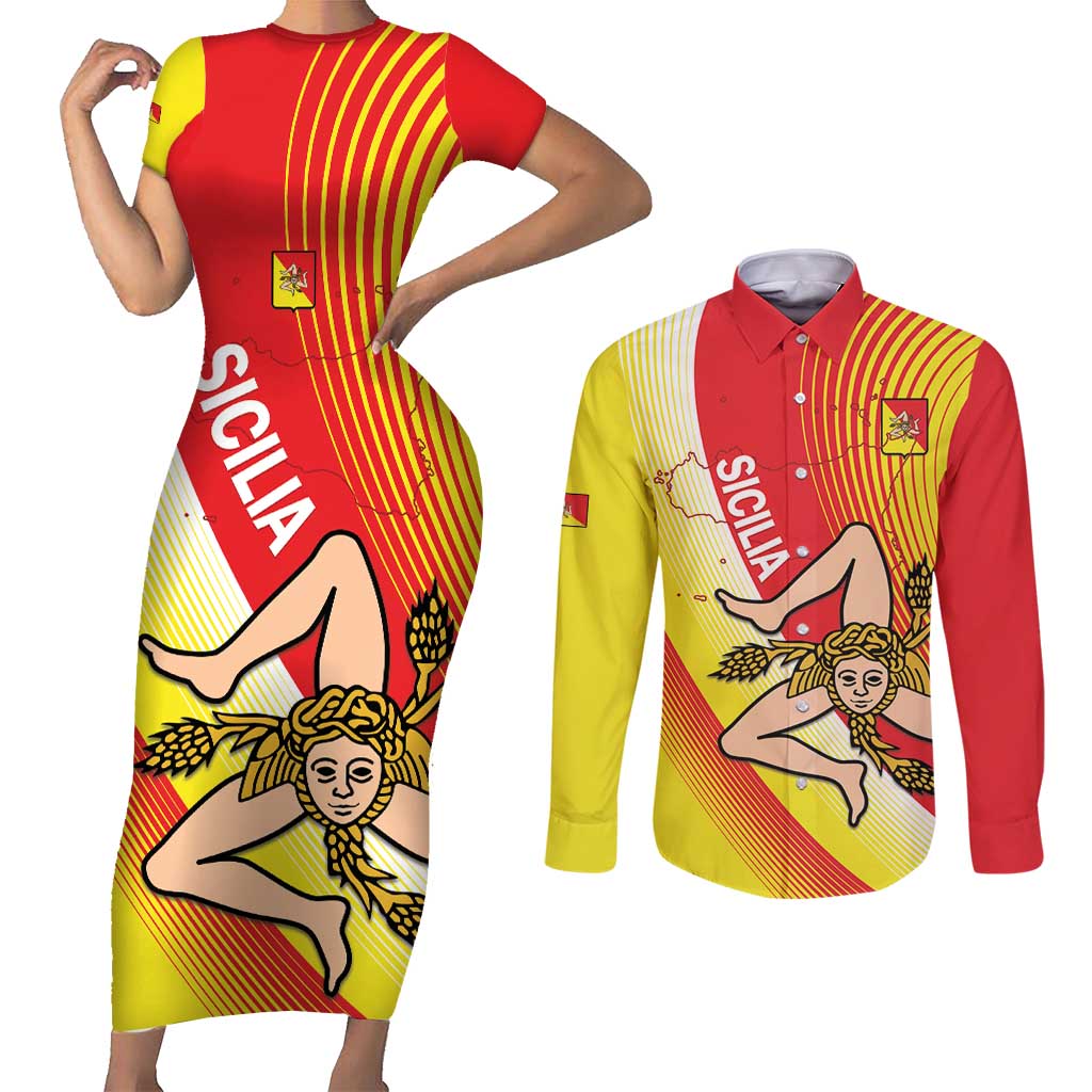 Personalized Sicilia La Trinacria Couples Matching Short Sleeve Bodycon Dress and Long Sleeve Button Shirt Sicilian Map Flag Color
