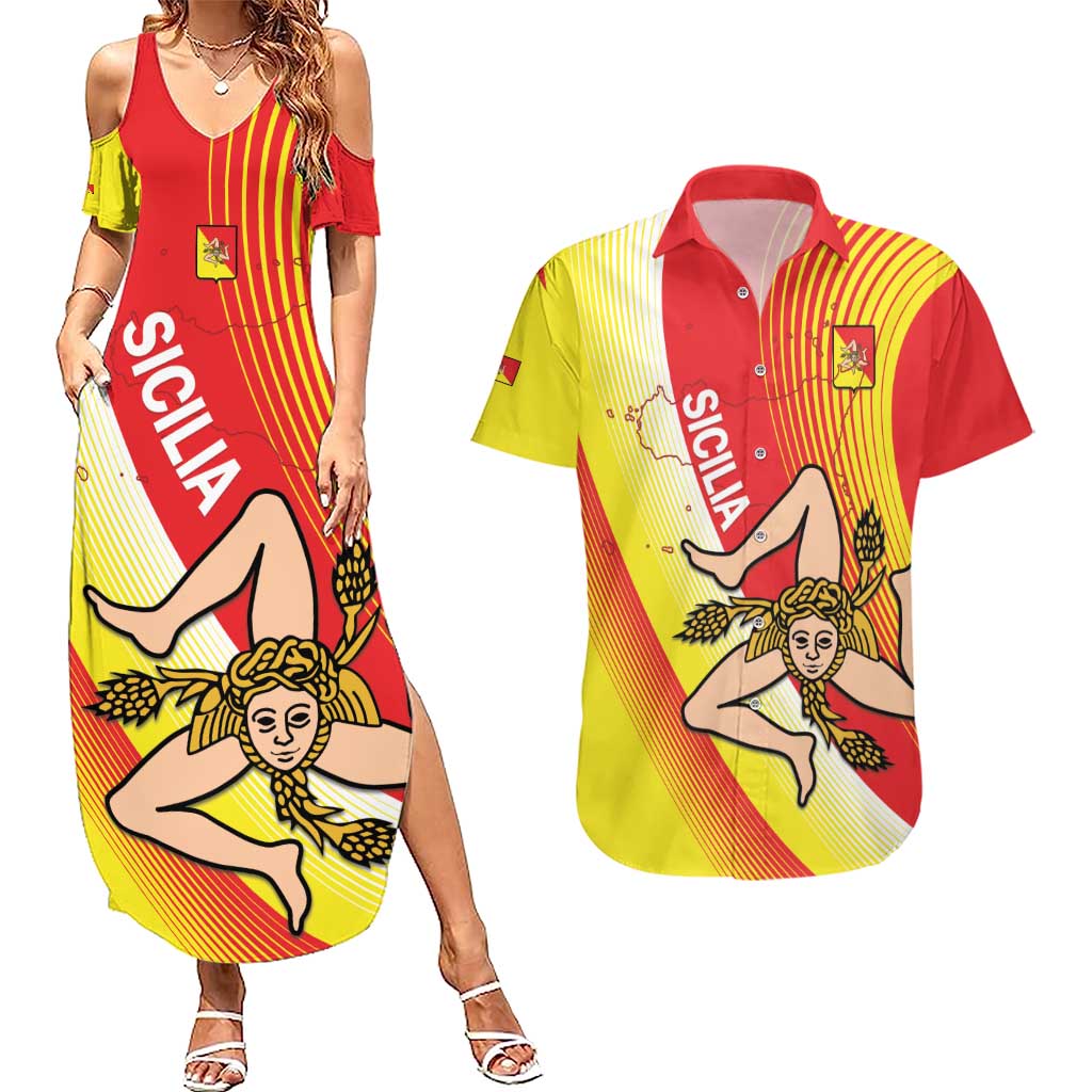 Personalized Sicilia La Trinacria Couples Matching Summer Maxi Dress and Hawaiian Shirt Sicilian Map Flag Color