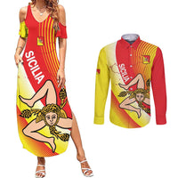 Personalized Sicilia La Trinacria Couples Matching Summer Maxi Dress and Long Sleeve Button Shirt Sicilian Map Flag Color