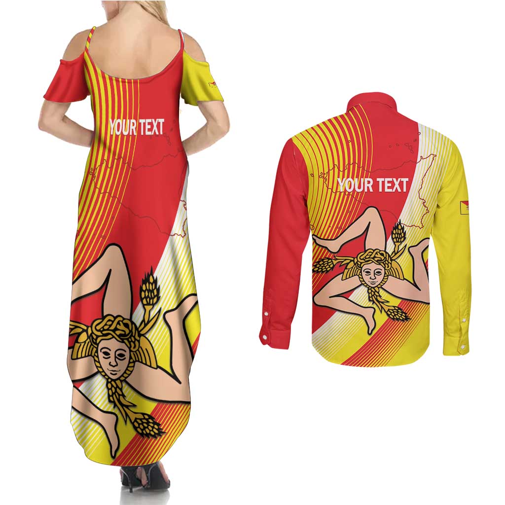 Personalized Sicilia La Trinacria Couples Matching Summer Maxi Dress and Long Sleeve Button Shirt Sicilian Map Flag Color