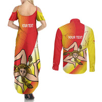 Personalized Sicilia La Trinacria Couples Matching Summer Maxi Dress and Long Sleeve Button Shirt Sicilian Map Flag Color