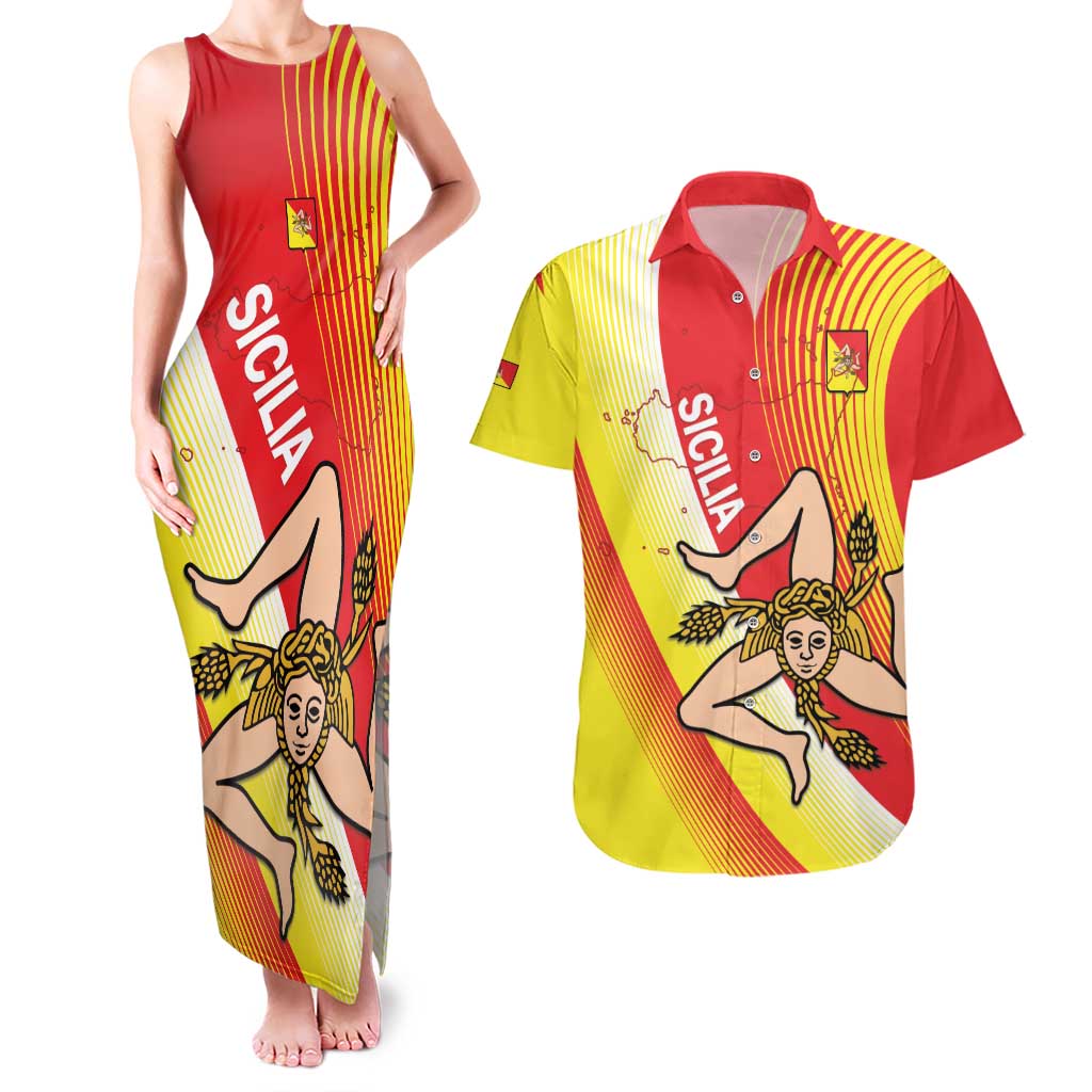 Personalized Sicilia La Trinacria Couples Matching Tank Maxi Dress and Hawaiian Shirt Sicilian Map Flag Color