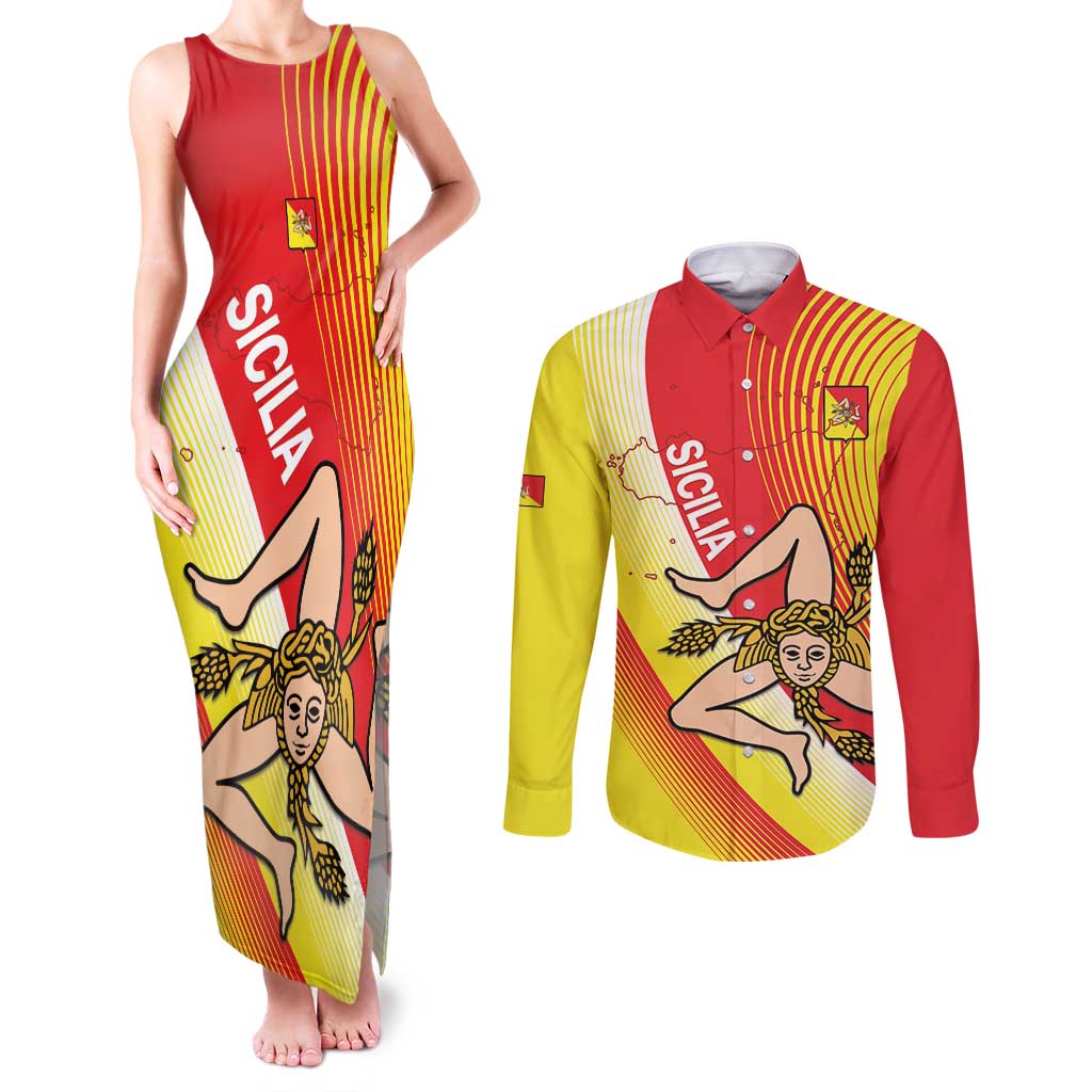 Personalized Sicilia La Trinacria Couples Matching Tank Maxi Dress and Long Sleeve Button Shirt Sicilian Map Flag Color
