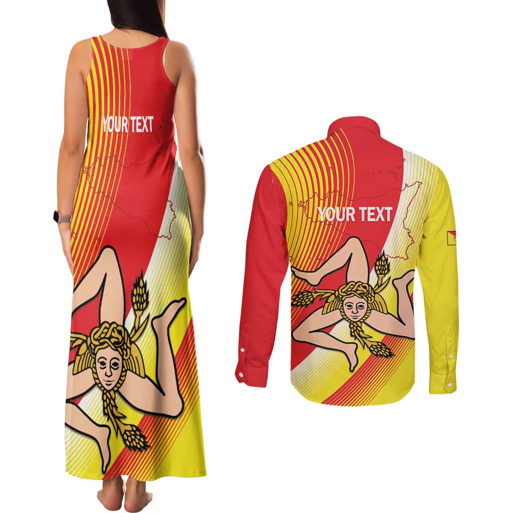 Personalized Sicilia La Trinacria Couples Matching Tank Maxi Dress and Long Sleeve Button Shirt Sicilian Map Flag Color