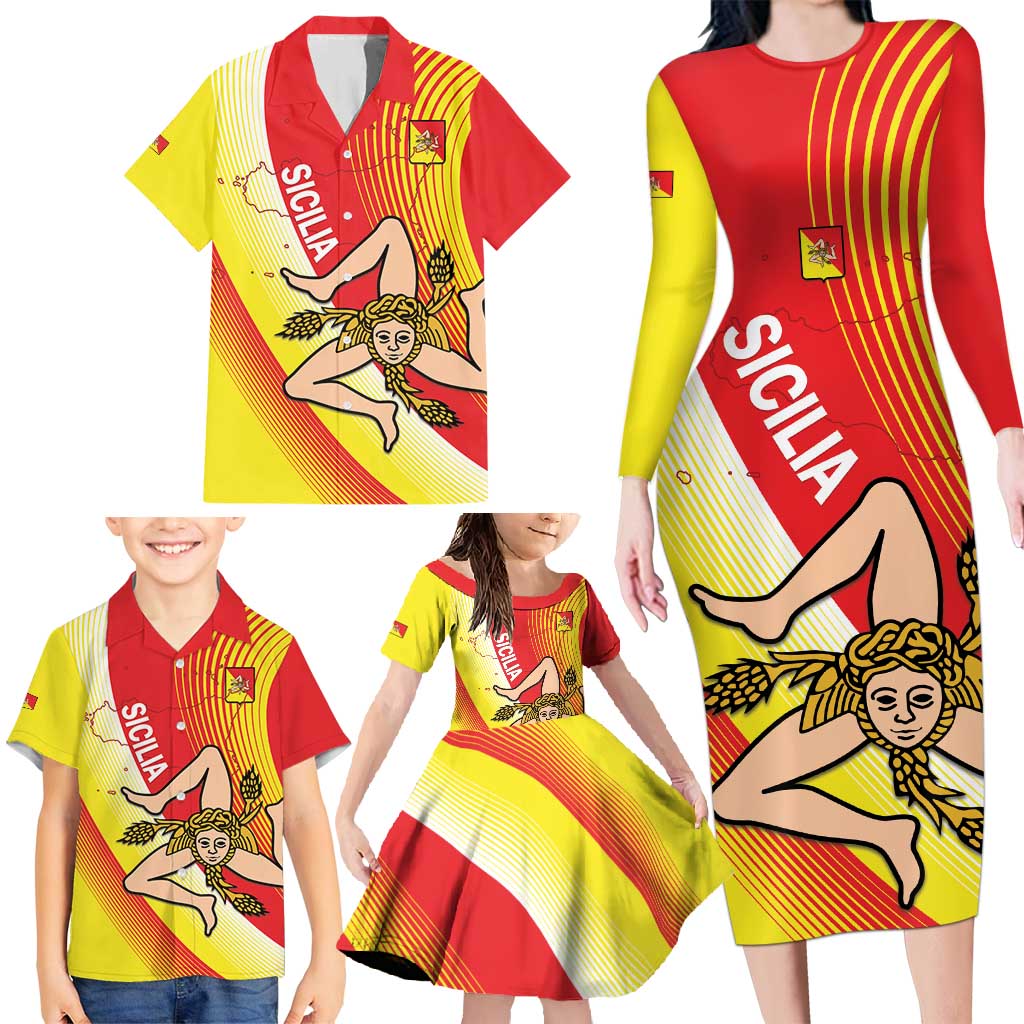Personalized Sicilia La Trinacria Family Matching Long Sleeve Bodycon Dress and Hawaiian Shirt Sicilian Map Flag Color