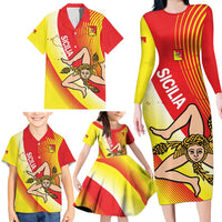 Personalized Sicilia La Trinacria Family Matching Long Sleeve Bodycon Dress and Hawaiian Shirt Sicilian Map Flag Color