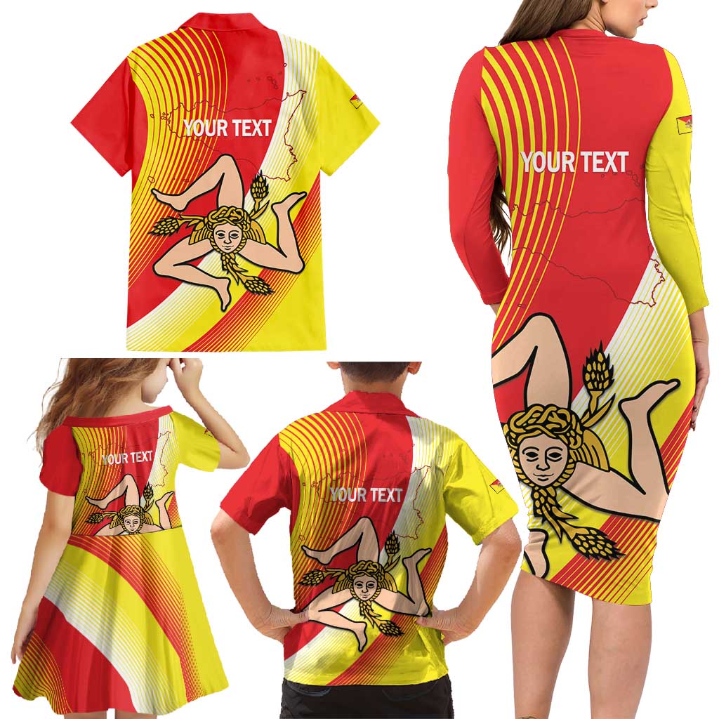 Personalized Sicilia La Trinacria Family Matching Long Sleeve Bodycon Dress and Hawaiian Shirt Sicilian Map Flag Color