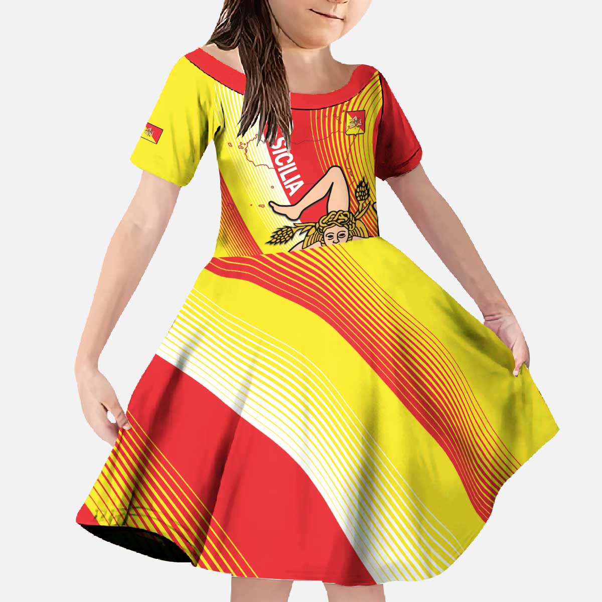 Personalized Sicilia La Trinacria Family Matching Off The Shoulder Long Sleeve Dress and Hawaiian Shirt Sicilian Map Flag Color