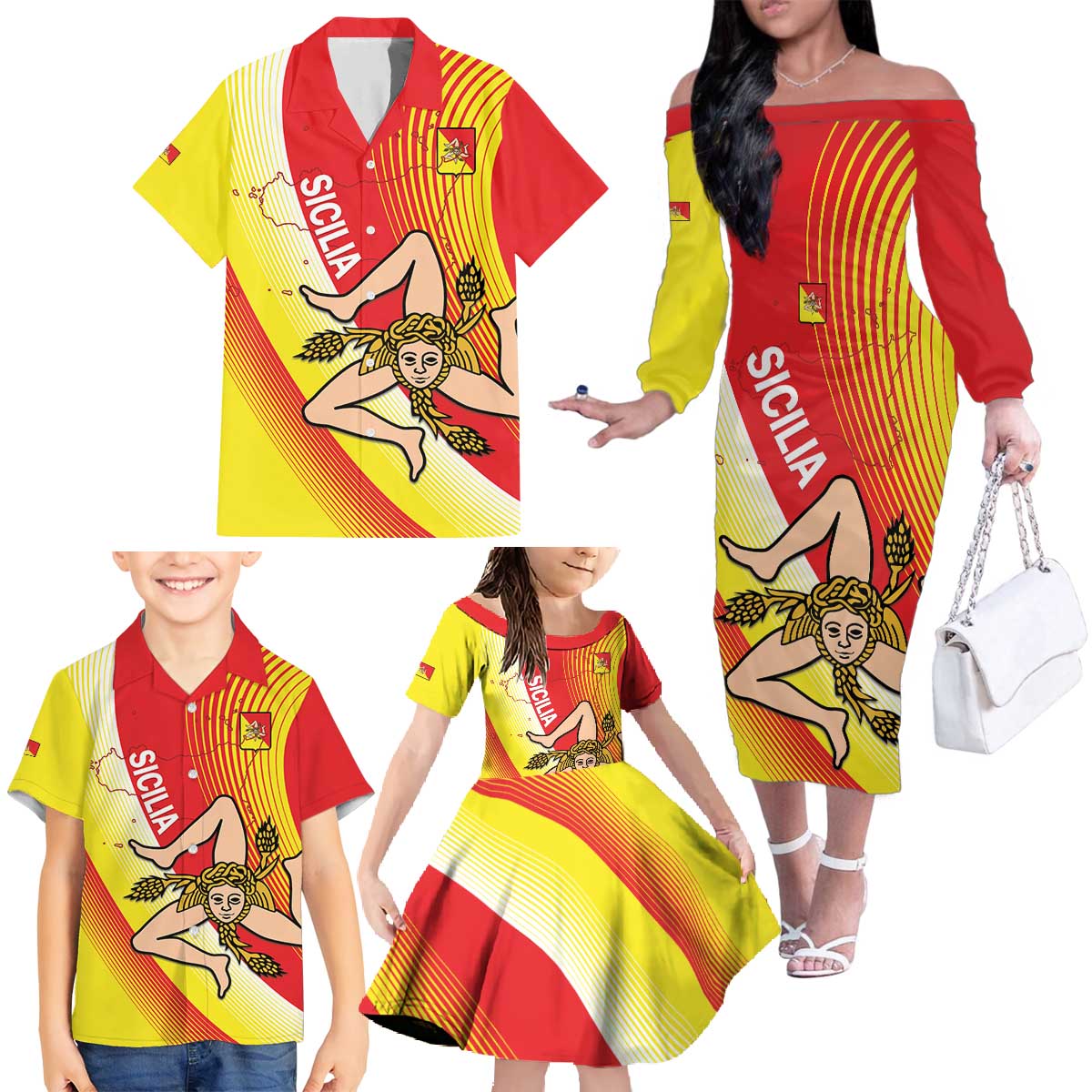 Personalized Sicilia La Trinacria Family Matching Off The Shoulder Long Sleeve Dress and Hawaiian Shirt Sicilian Map Flag Color