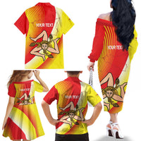 Personalized Sicilia La Trinacria Family Matching Off The Shoulder Long Sleeve Dress and Hawaiian Shirt Sicilian Map Flag Color