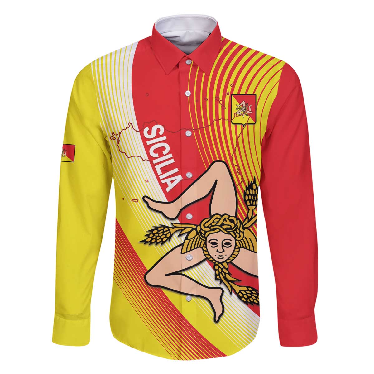 Personalized Sicilia La Trinacria Family Matching Off The Shoulder Long Sleeve Dress and Hawaiian Shirt Sicilian Map Flag Color