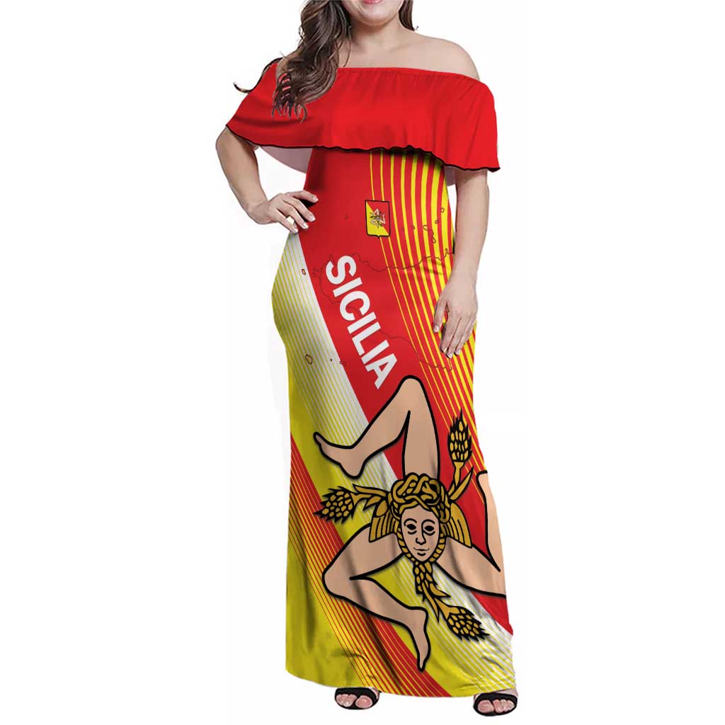 Personalized Sicilia La Trinacria Family Matching Off Shoulder Maxi Dress and Hawaiian Shirt Sicilian Map Flag Color