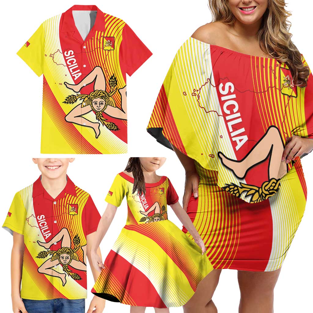Personalized Sicilia La Trinacria Family Matching Off Shoulder Short Dress and Hawaiian Shirt Sicilian Map Flag Color