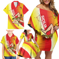 Personalized Sicilia La Trinacria Family Matching Off Shoulder Short Dress and Hawaiian Shirt Sicilian Map Flag Color
