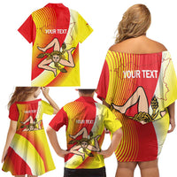 Personalized Sicilia La Trinacria Family Matching Off Shoulder Short Dress and Hawaiian Shirt Sicilian Map Flag Color
