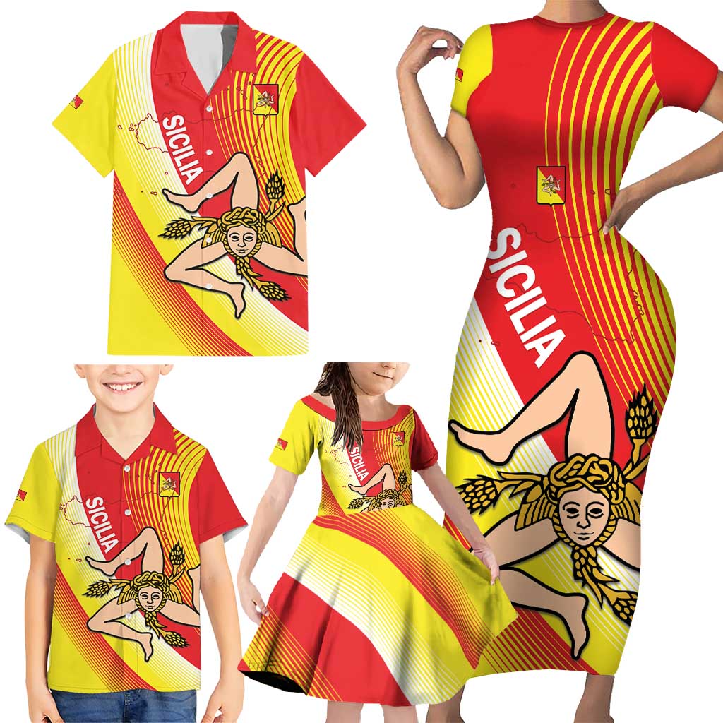 Personalized Sicilia La Trinacria Family Matching Short Sleeve Bodycon Dress and Hawaiian Shirt Sicilian Map Flag Color