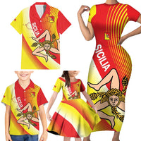 Personalized Sicilia La Trinacria Family Matching Short Sleeve Bodycon Dress and Hawaiian Shirt Sicilian Map Flag Color