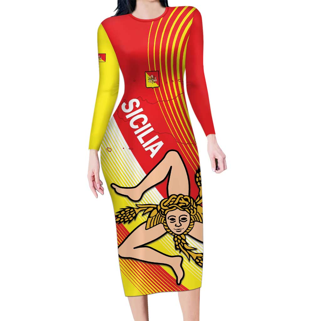 Personalized Sicilia La Trinacria Long Sleeve Bodycon Dress Sicilian Map Flag Color