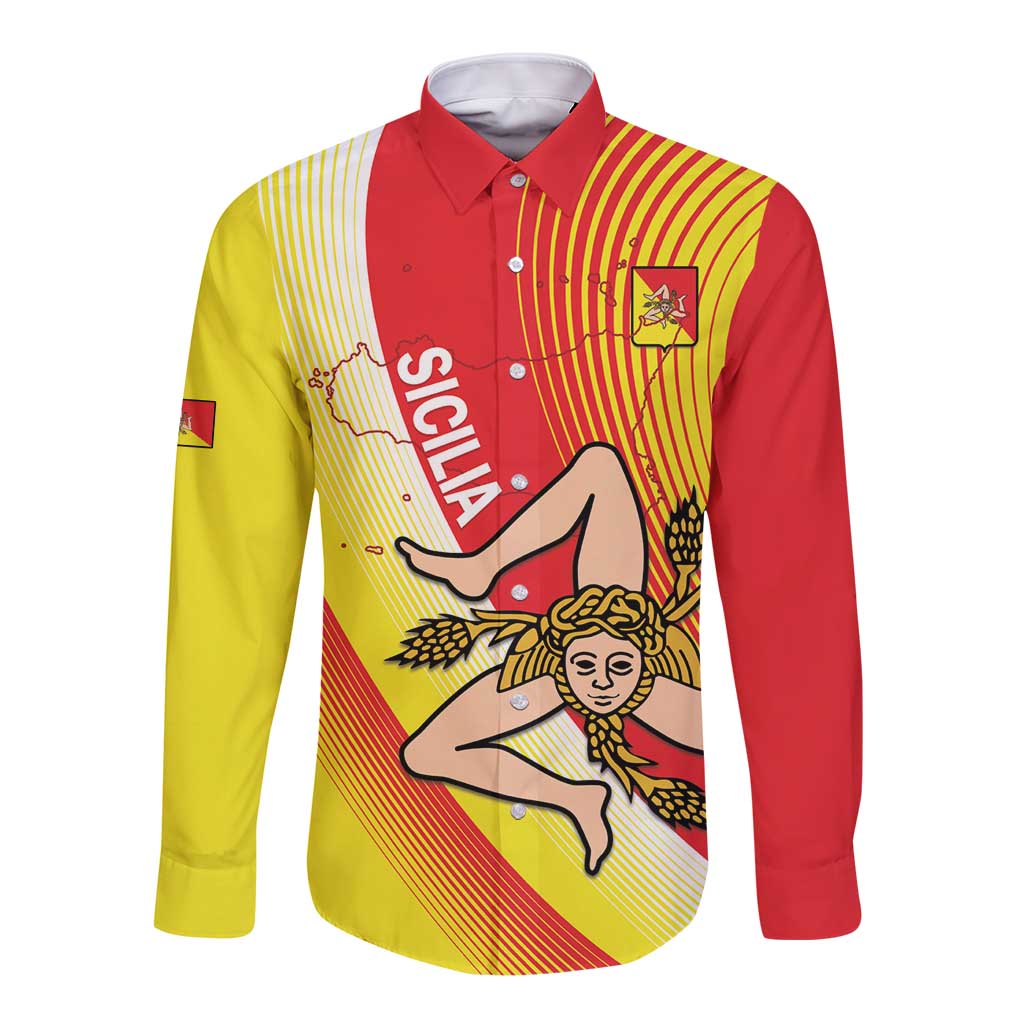 Personalized Sicilia La Trinacria Long Sleeve Button Shirt Sicilian Map Flag Color