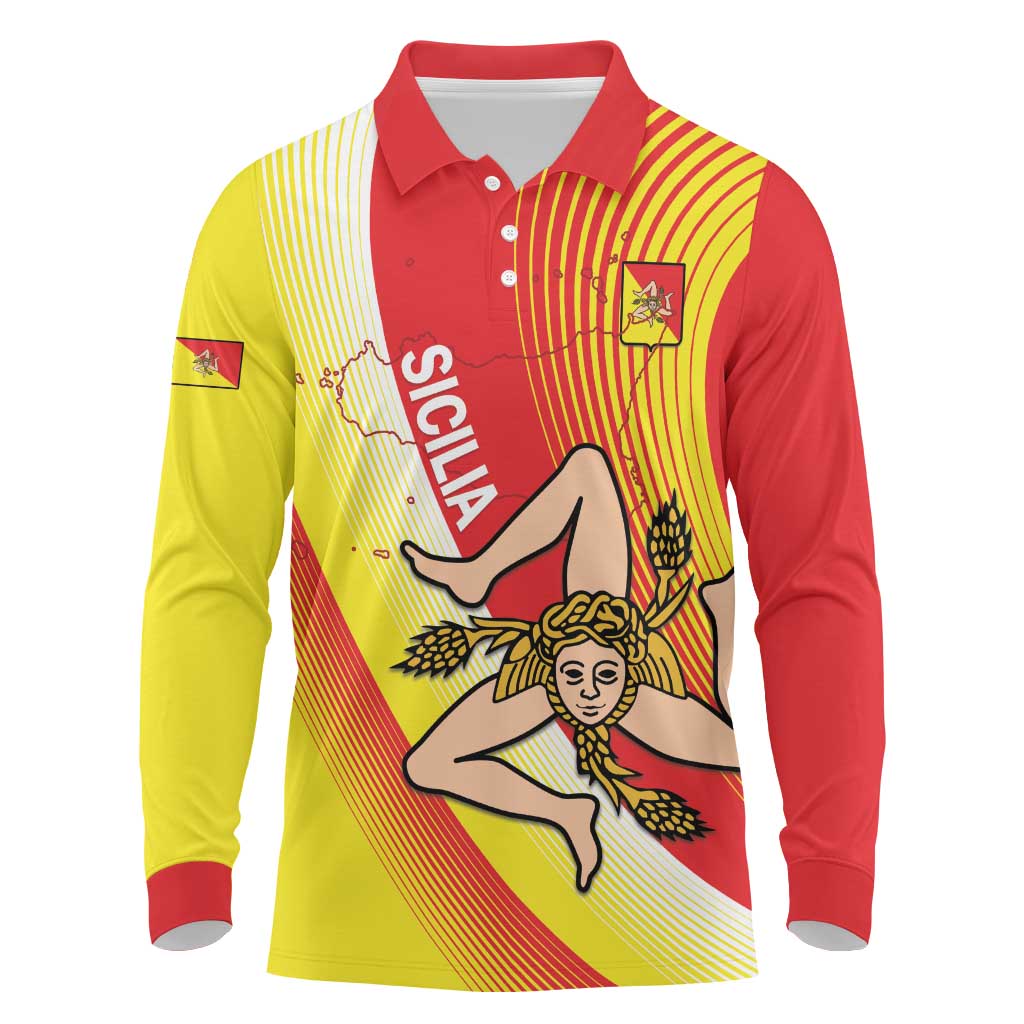 Personalized Sicilia La Trinacria Long Sleeve Polo Shirt Sicilian Map Flag Color