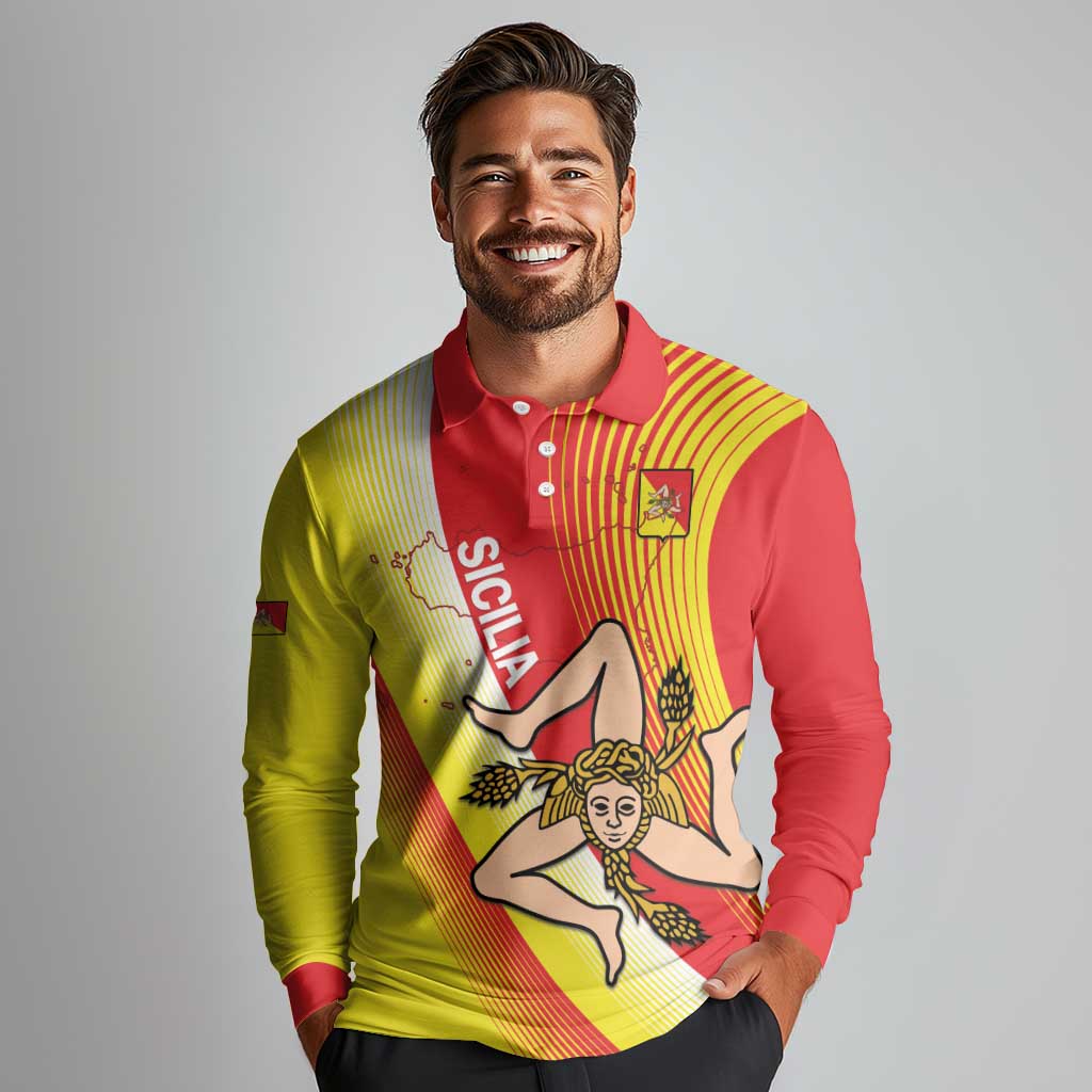 Personalized Sicilia La Trinacria Long Sleeve Polo Shirt Sicilian Map Flag Color