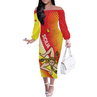 Personalized Sicilia La Trinacria Off The Shoulder Long Sleeve Dress Sicilian Map Flag Color