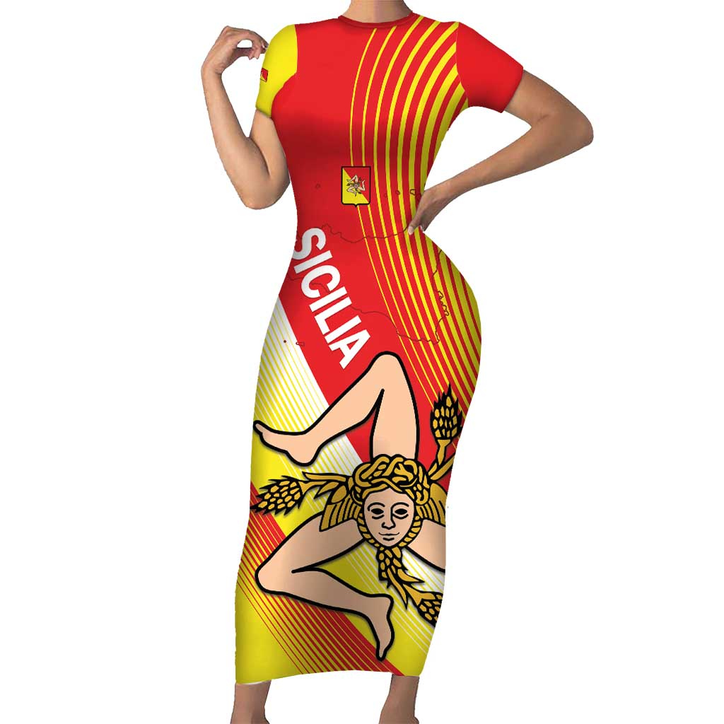 Personalized Sicilia La Trinacria Short Sleeve Bodycon Dress Sicilian Map Flag Color