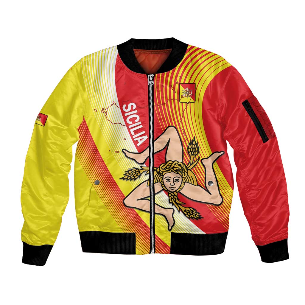 Personalized Sicilia La Trinacria Sleeve Zip Bomber Jacket Sicilian Map Flag Color
