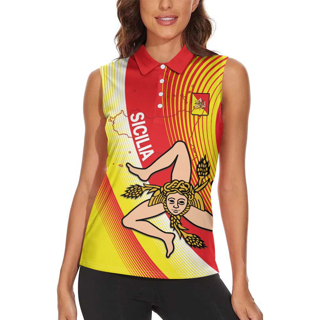 Personalized Sicilia La Trinacria Women Sleeveless Polo Shirt Sicilian Map Flag Color