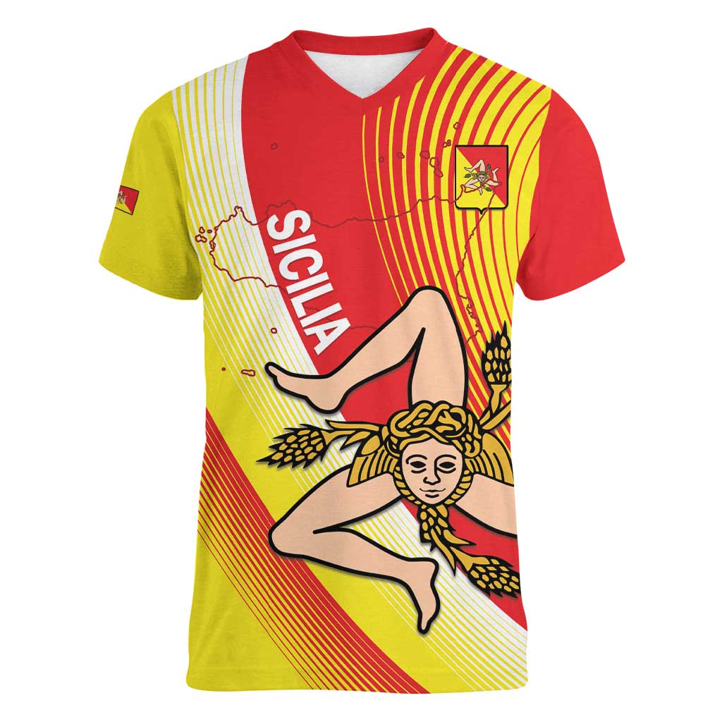 Personalized Sicilia La Trinacria Women V-Neck T-Shirt Sicilian Map Flag Color