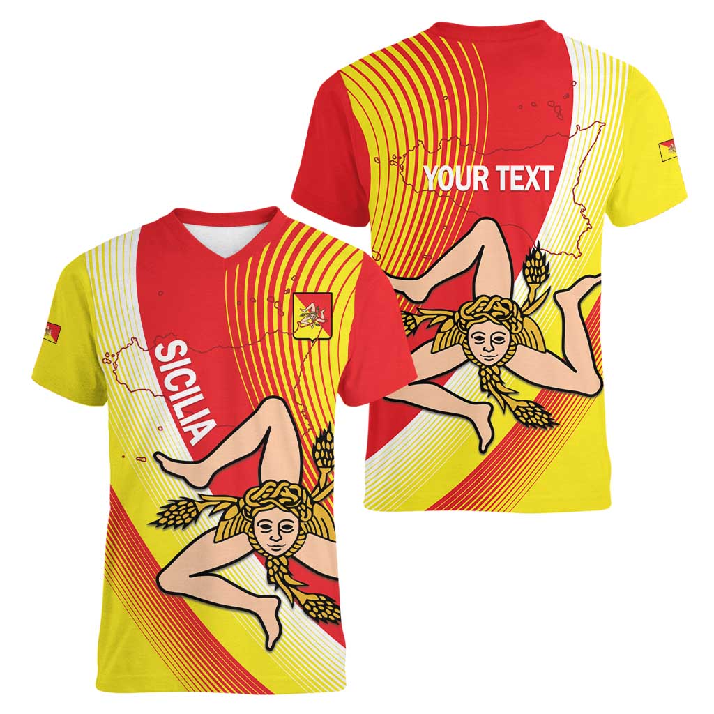 Personalized Sicilia La Trinacria Women V-Neck T-Shirt Sicilian Map Flag Color