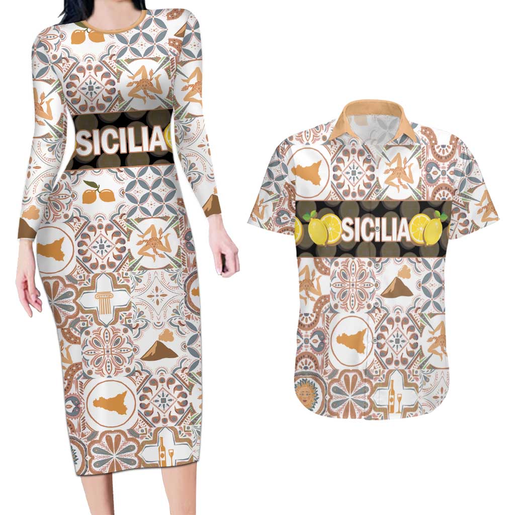 Personalized Sicilia National Symbols With Mosaic Motifs Couples Matching Long Sleeve Bodycon Dress and Hawaiian Shirt