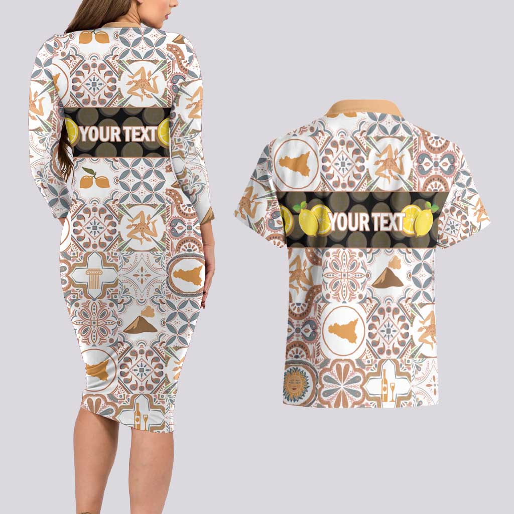 Personalized Sicilia National Symbols With Mosaic Motifs Couples Matching Long Sleeve Bodycon Dress and Hawaiian Shirt
