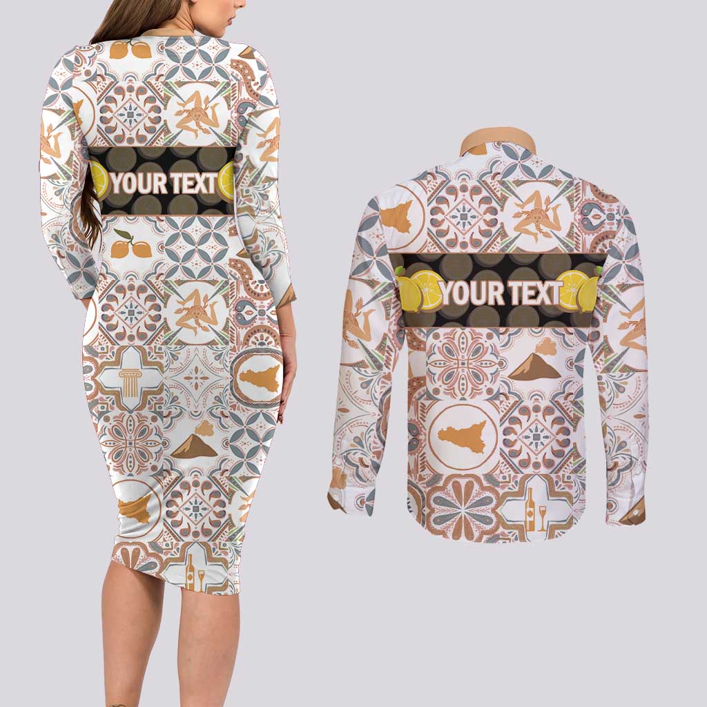 Personalized Sicilia National Symbols With Mosaic Motifs Couples Matching Long Sleeve Bodycon Dress and Long Sleeve Button Shirt